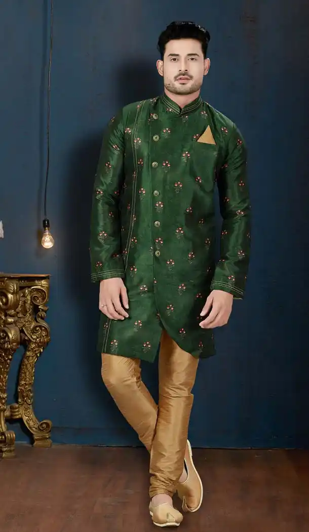 Fancy Green Color Sydany Silk IndoWestern Men Sherwani -594173827