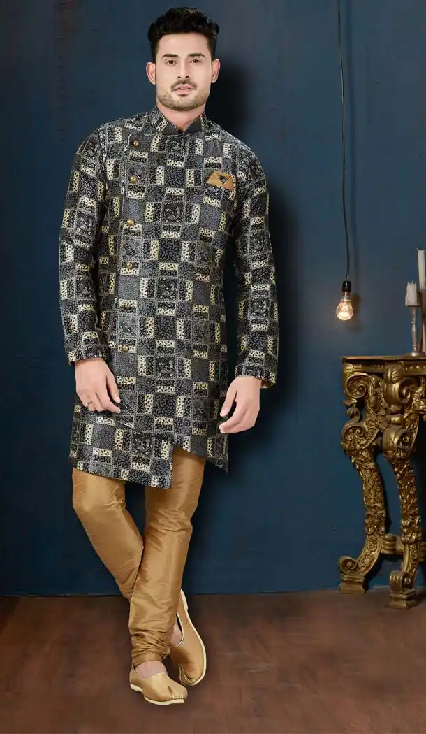 Black and Cream Color Sydany Silk IndoWestern Men Sherwani -594173829