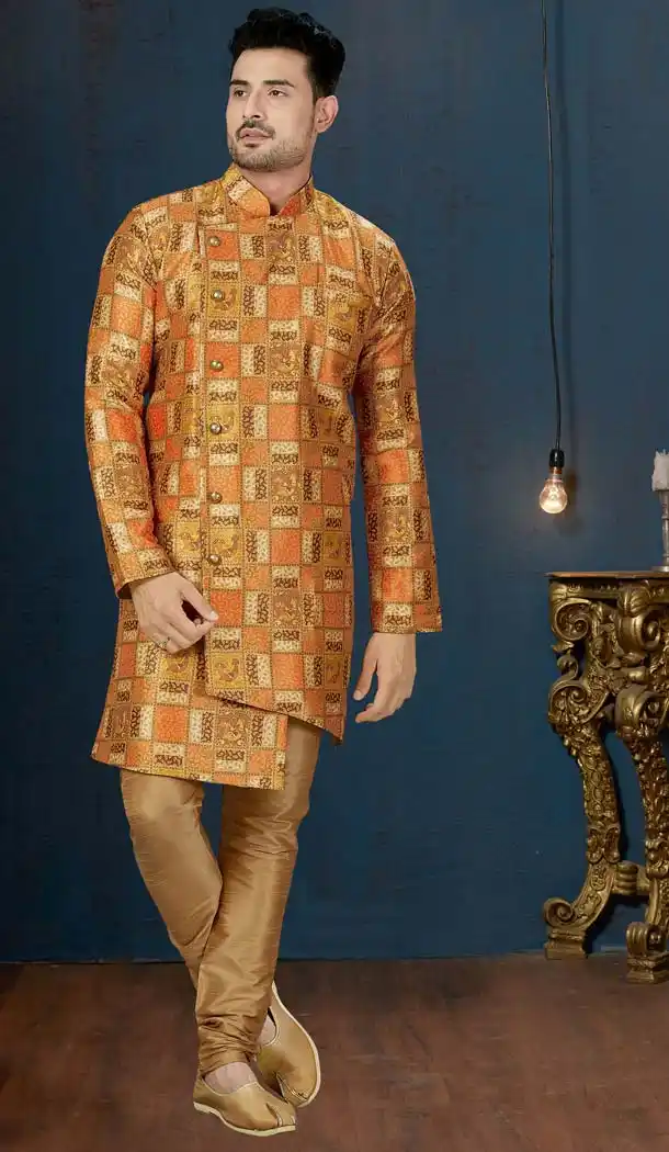 Orange and Gold Color Sydany Silk IndoWestern Men Sherwani -594173830