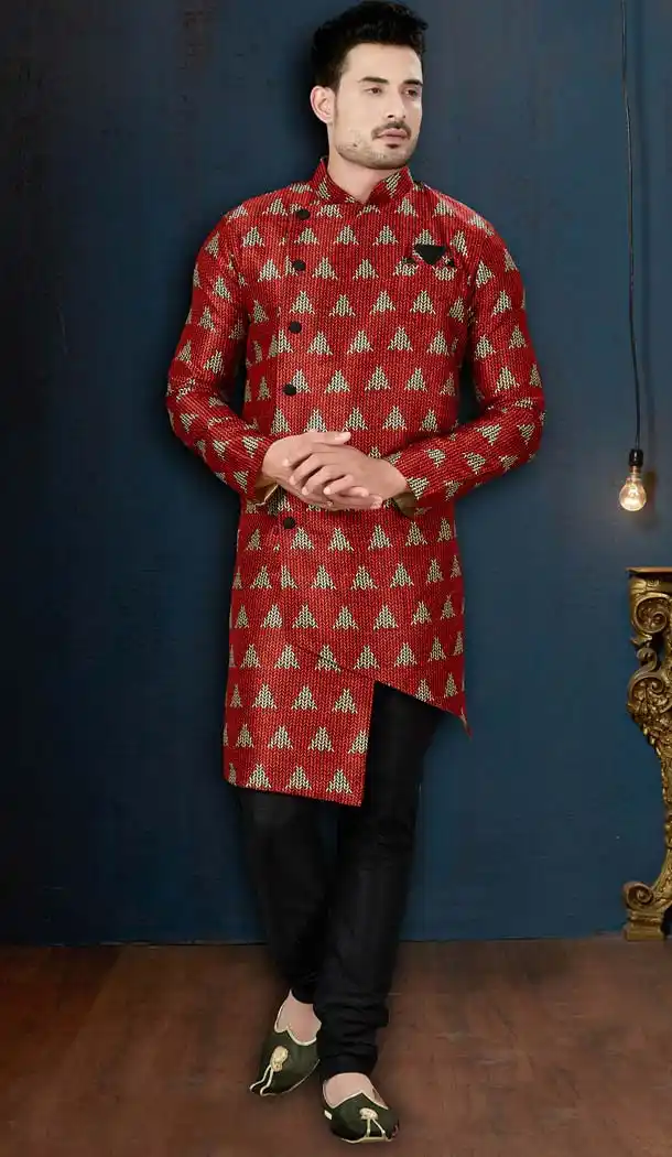 Elegant Red Color Sydany Silk IndoWestern Men Sherwani -594173831