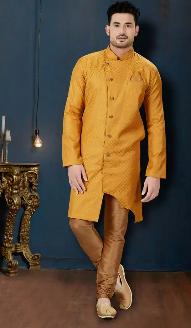 Yellow Slub Jacquard IndoWestern Men Sherwani -594173832