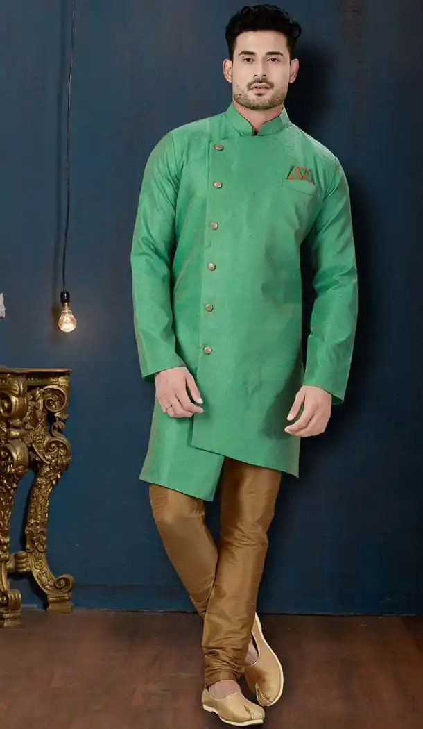 C Green Color Resh Jacquard IndoWestern Men Sherwani -594173834