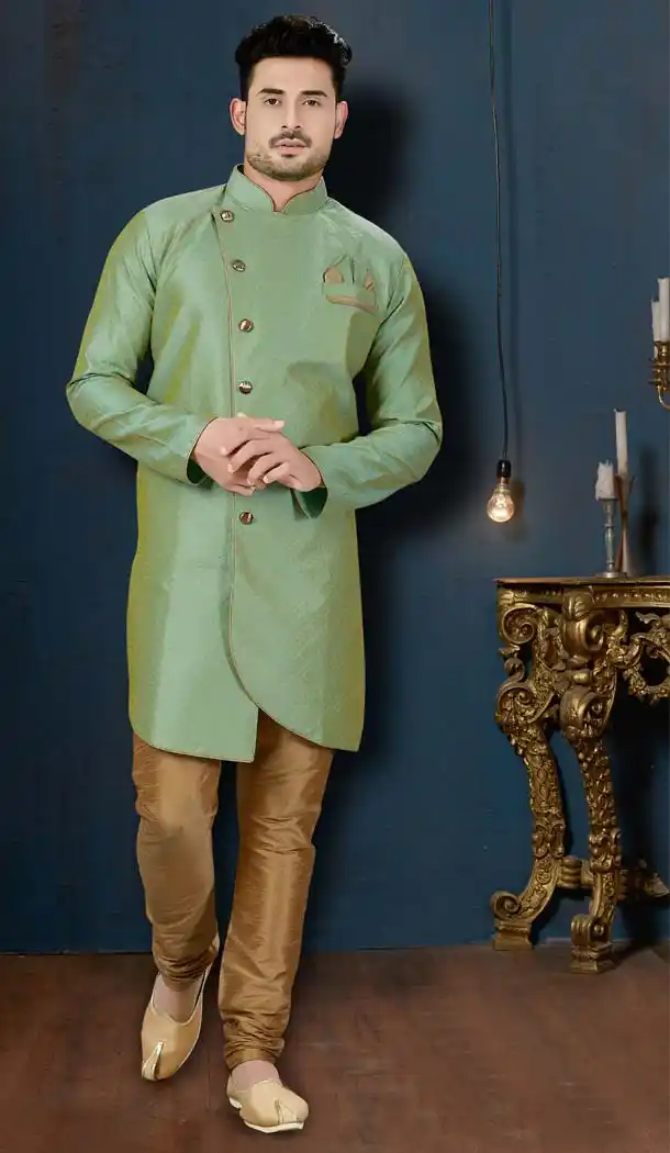 Adorable Rama Green Color Jacquard IndoWestern Men Sherwani -594173835