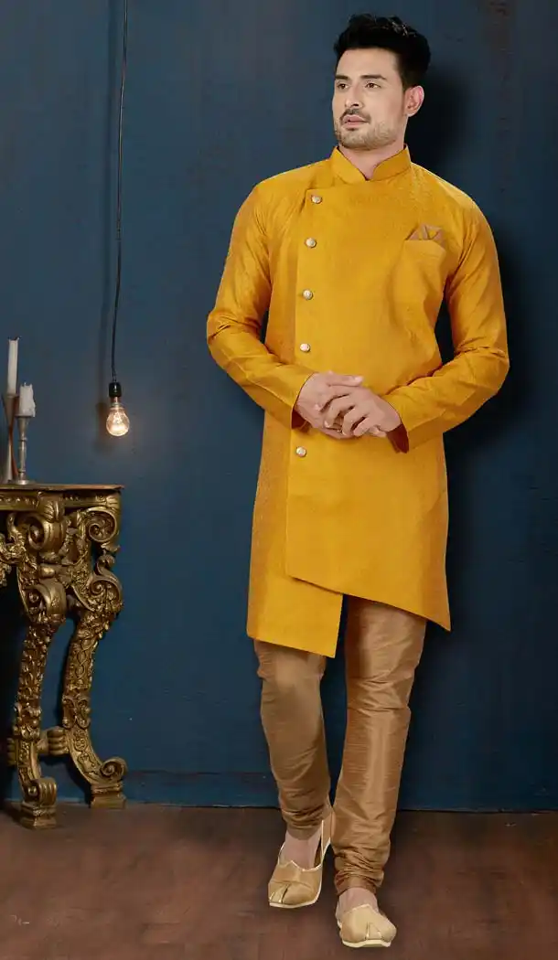 Yellow Color Resh Jacquard IndoWestern Men Sherwani -594173836
