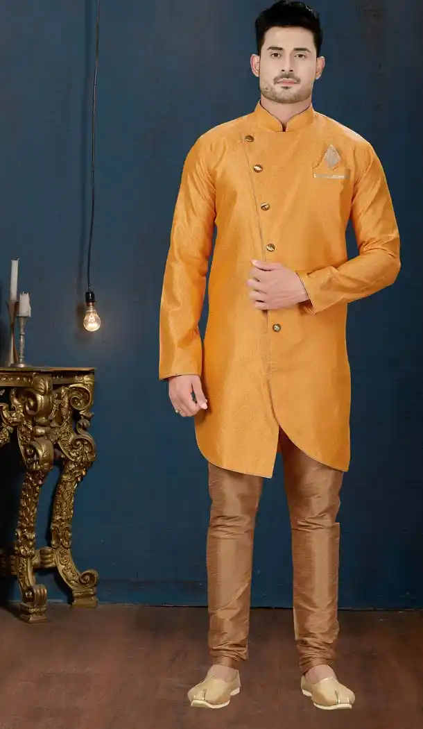 Chic Dark Yellow Color Jacquard IndoWestern Men Sherwani -594173838