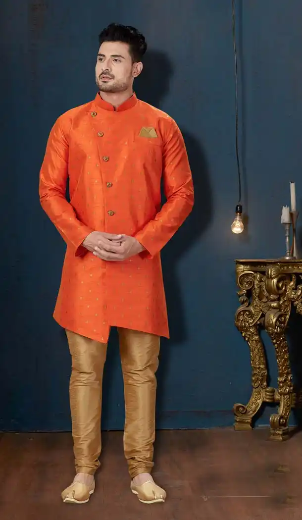 Chic Orange Color Booti Silk IndoWestern Men Sherwani -594173839