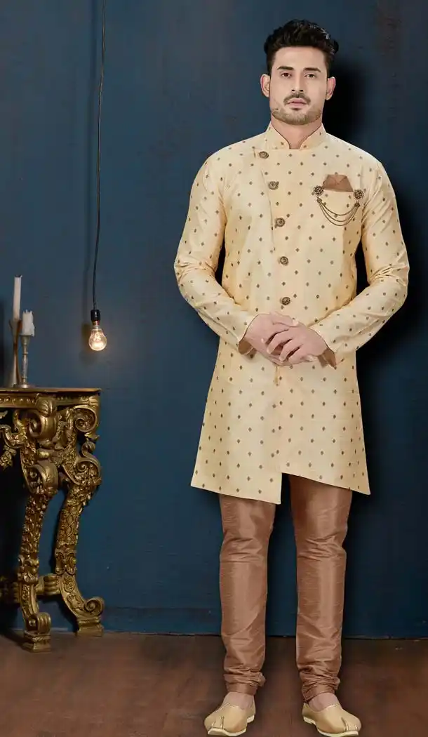 Alluring Cream Color Booti Silk IndoWestern Men Sherwani -594173841