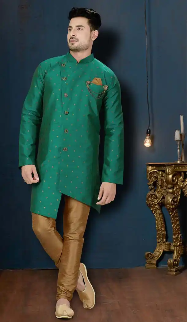 Green Color Booti Silk IndoWestern Men Sherwani -594173842