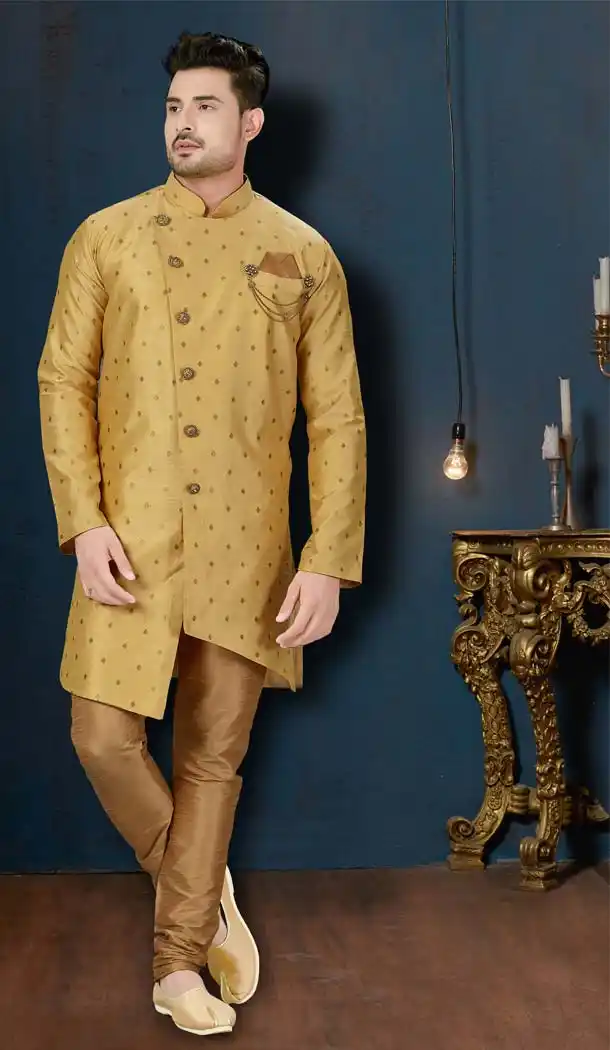 Attractive Gold Color Booti Silk IndoWestern Men Sherwani -594173843