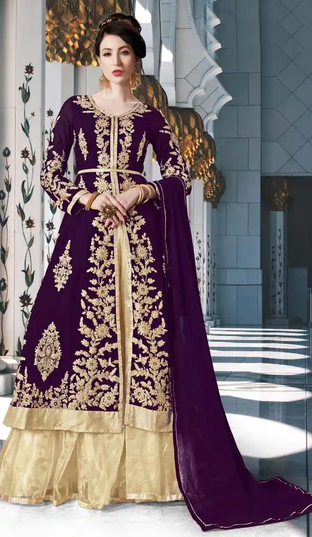 Wine Color Georgette Designer Party Wear Lehenga Suit -593073670
