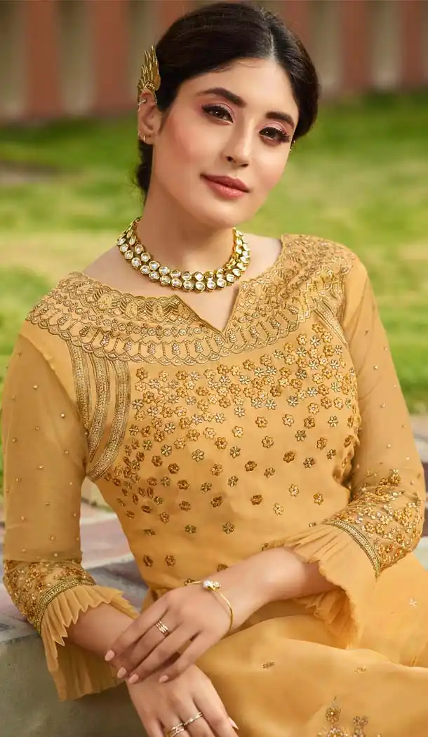 Wonderful Yellow Color Satin Georgette Straight Cut Suit -594673962