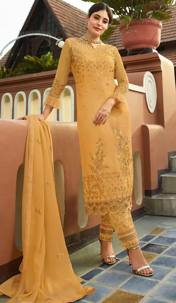 Wonderful Yellow Color Satin Georgette Straight Cut Suit -594673962