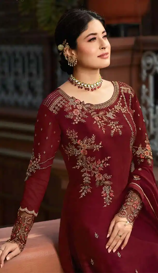 Maroon Color Satin Georgette Straight Cut Suit -594673963