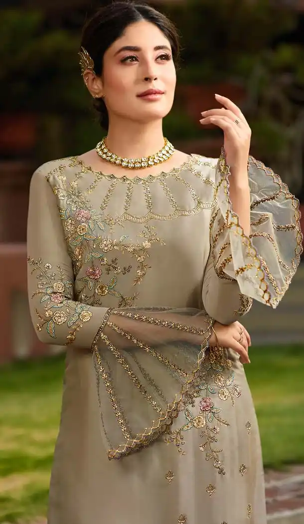 Grey Color Satin Georgette Straight Cut Suit -594673964