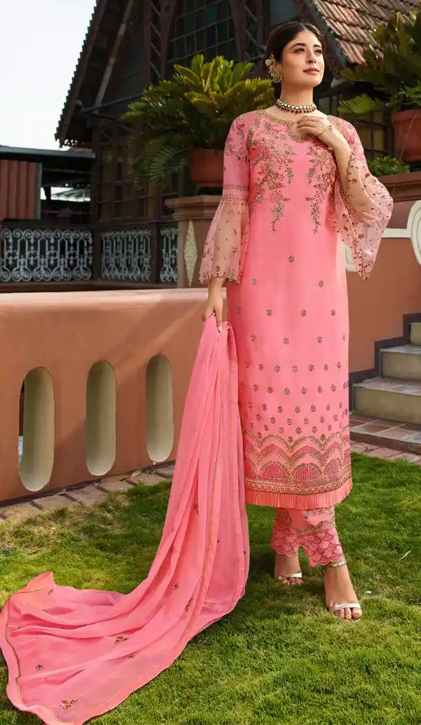 Pink Color Satin Georgette Straight Cut Suit -594673965