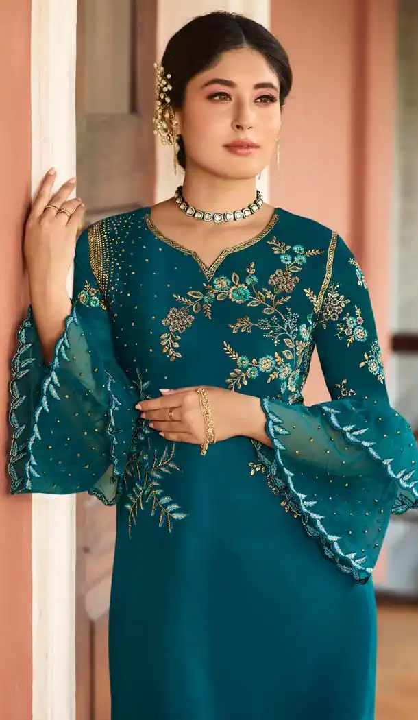 Stunning Sea Blue Color Satin Georgette Straight Cut Suit -594673966