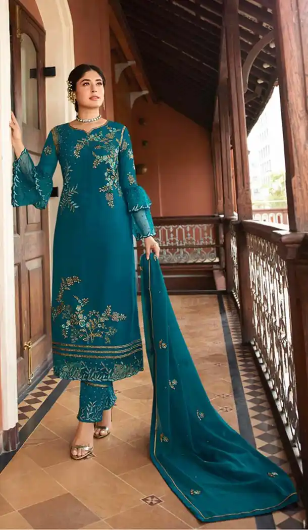 Stunning Sea Blue Color Satin Georgette Straight Cut Suit -594673966