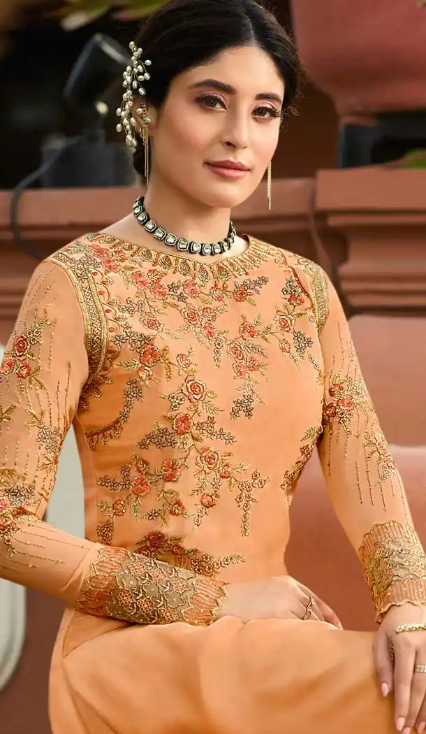 Light Orange Color Satin Georgette Straight Cut Suit -594673967