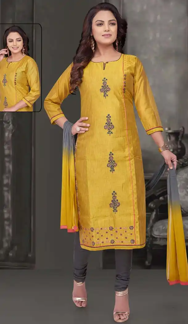 Yellow Gold Chanderi Silk Party Wear Readymade Suit -595274013