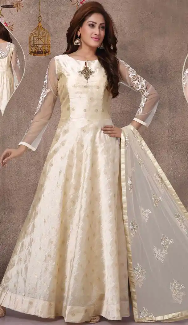 Off White Banarasi Chanderi Silk Party Wear Readymade Suit -595274015
