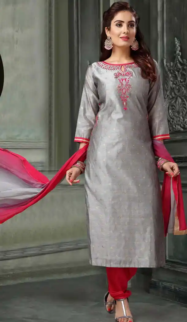 Grey Color Banarasi Chanderi Party Wear Readymade Suit -595274019