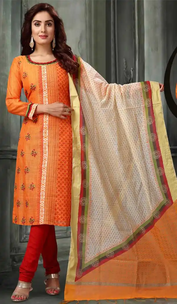 Orange Color Banaras Chanderi Party Wear Readymade Suit -595274022