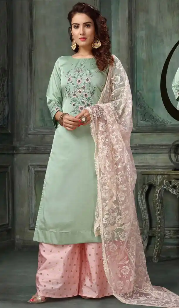 Sea Green Color Silk Party Wear Readymade Suit -595274024