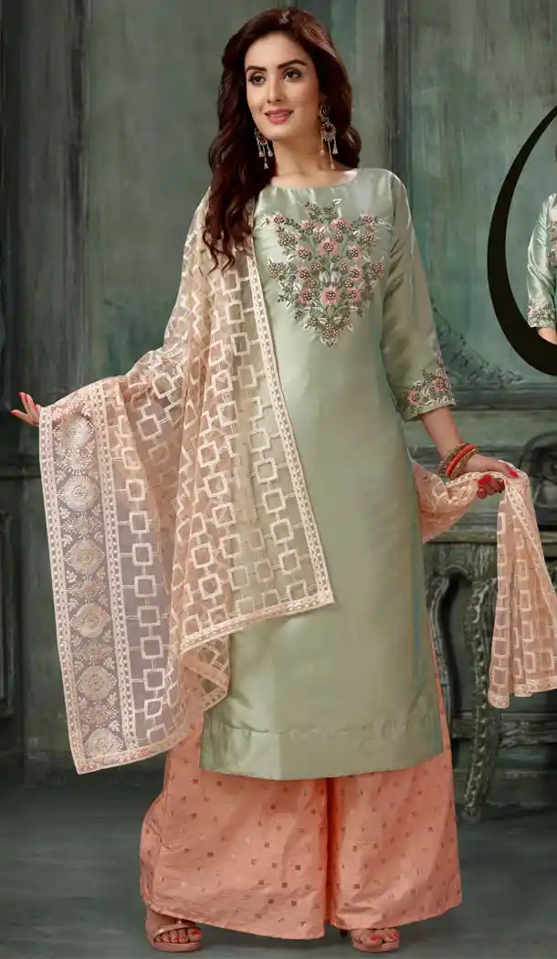 Pista Green Color Silk Party Wear Readymade Suit -595274025