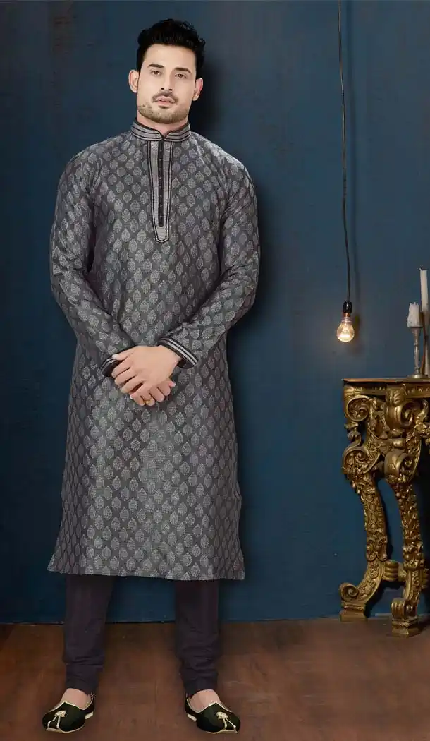 Grey Color Booti Jacquard Plus Size Men Kurta Pajama -594273844