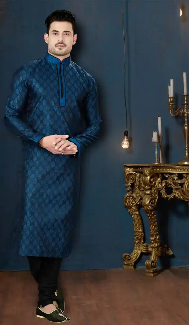 Blue Color Booti Jacquard Plus Size Men Kurta Pajama -594273845