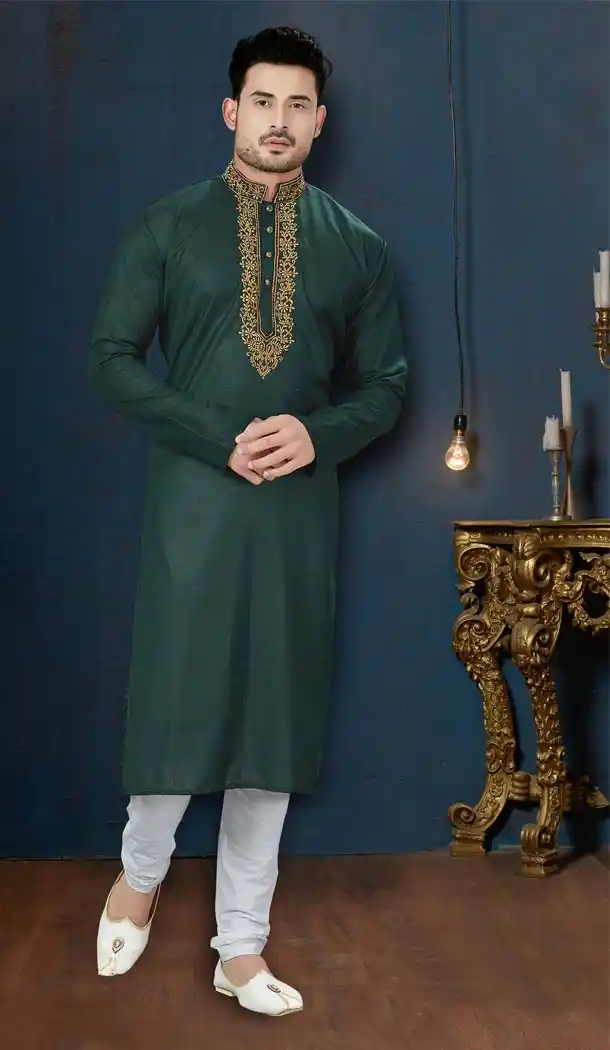 Dark Green Color Rafael Cotton Plus Size Men Kurta Pajama -594273846