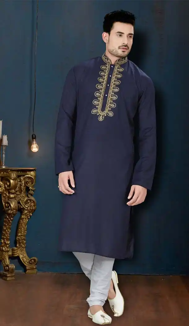 Navy Blue Color Rafael Cotton Plus Size Men Kurta Pajama -594273847