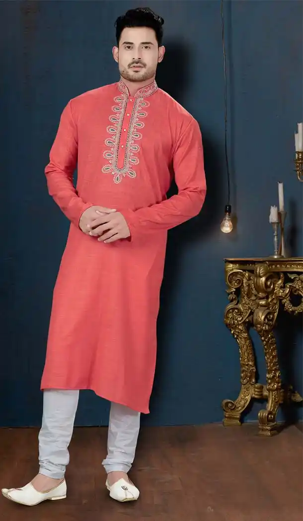 Peach Color Rafael Cotton Plus Size Men Kurta Pajama -594273848