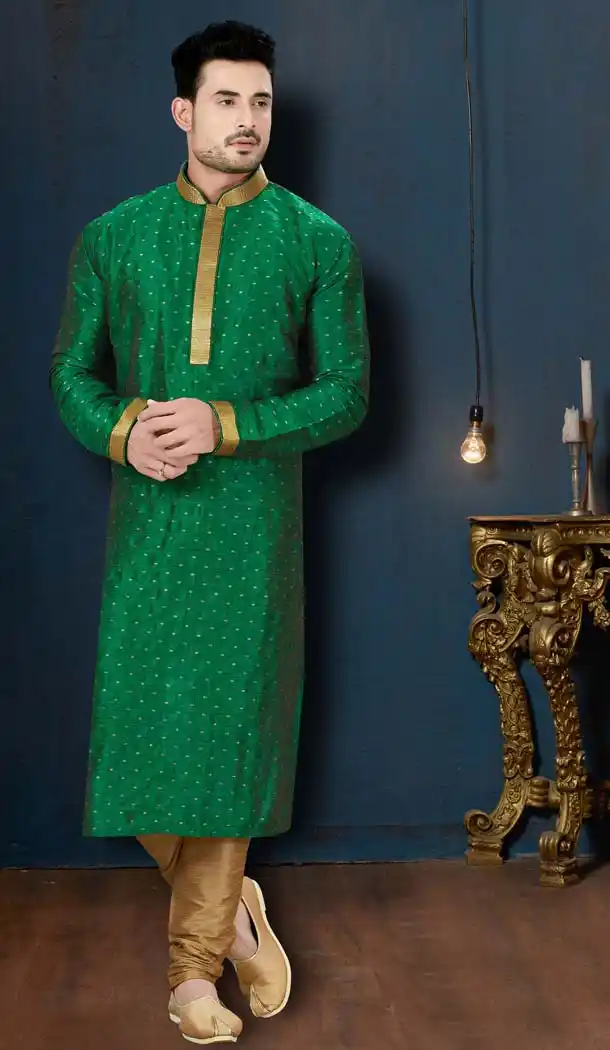 Green Color Malbari Booti Plus Size Men Kurta Pajama -594273850