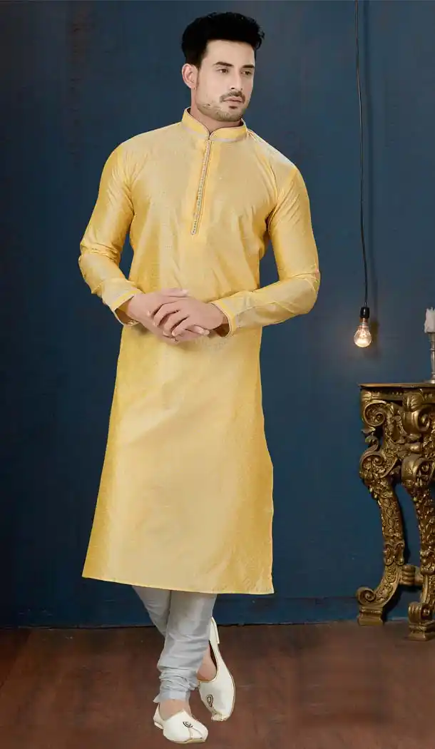 Yellow Color Jacquard Plus Size Men Kurta Pajama -594273854