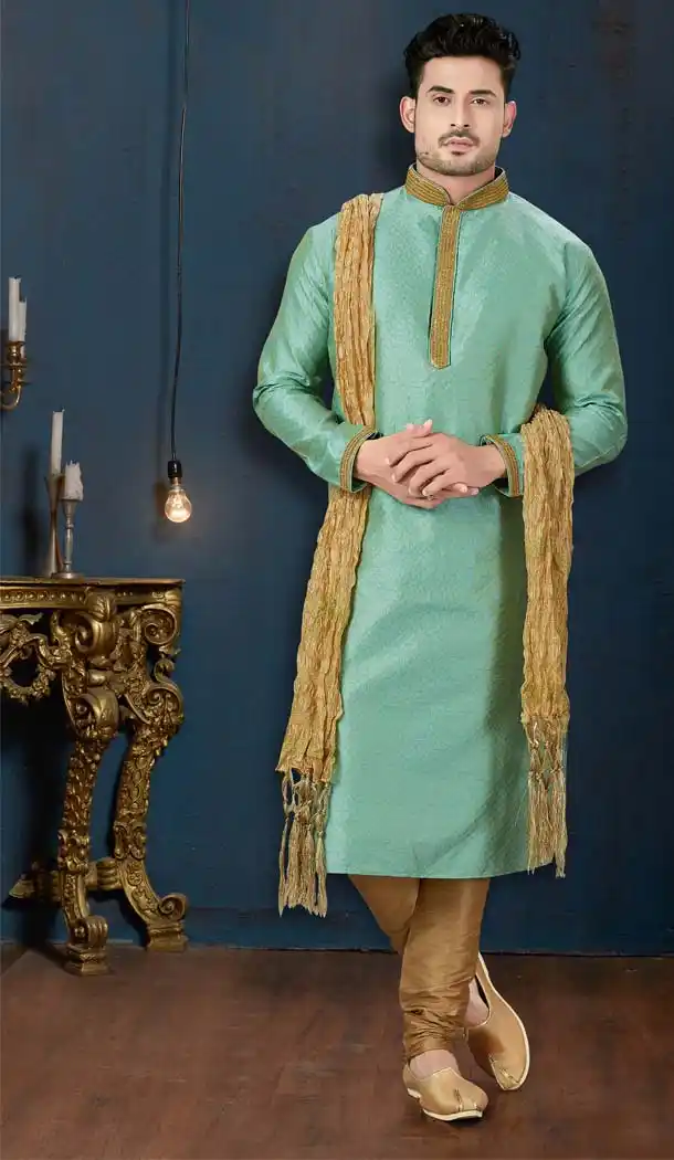 Dazzling Green Color TNT Jacquard Plus Size Men Kurta Pajama -594273856