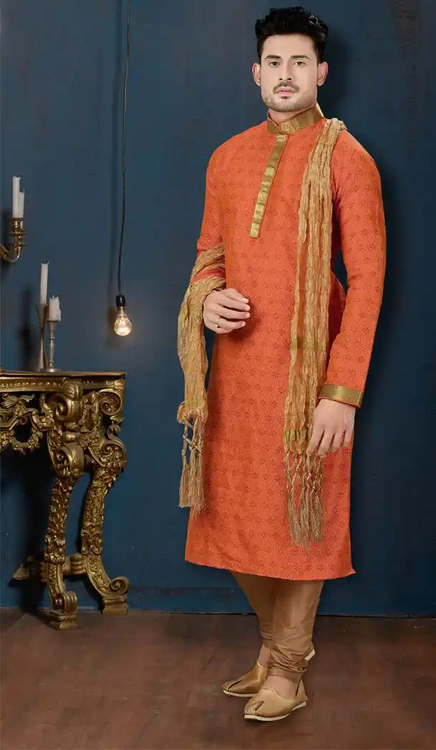 Orange Color Dupion Print Plus Size Men Kurta Pajama -594273858