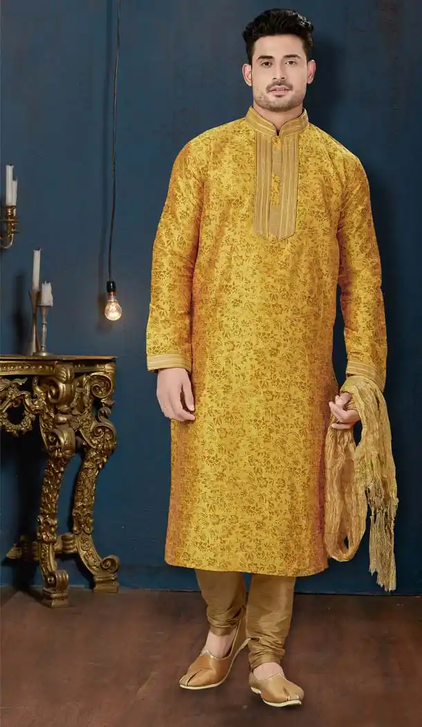 Dark Yellow Color Dupion Print Plus Size Men Kurta Pajama -594273859