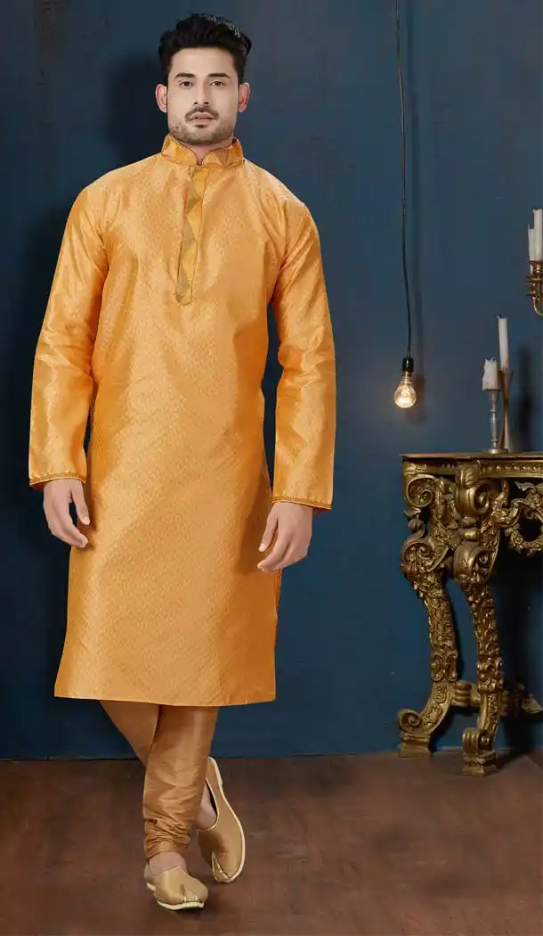 Golden Yellow Color TNT Jacquard Plus Size Men Kurta Pajama -594273860