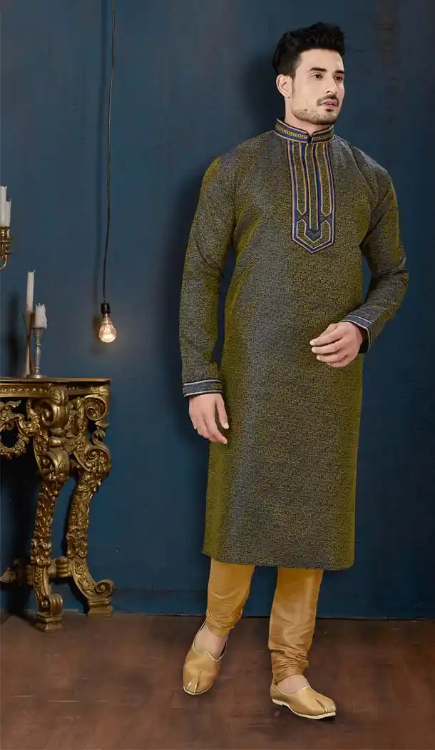 Blue and Gold Color TNT Jacquard Plus Size Men Kurta Pajama -594273861