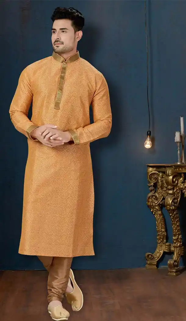 Peach Color Dupion Print Plus Size Men Kurta Pajama -594273862