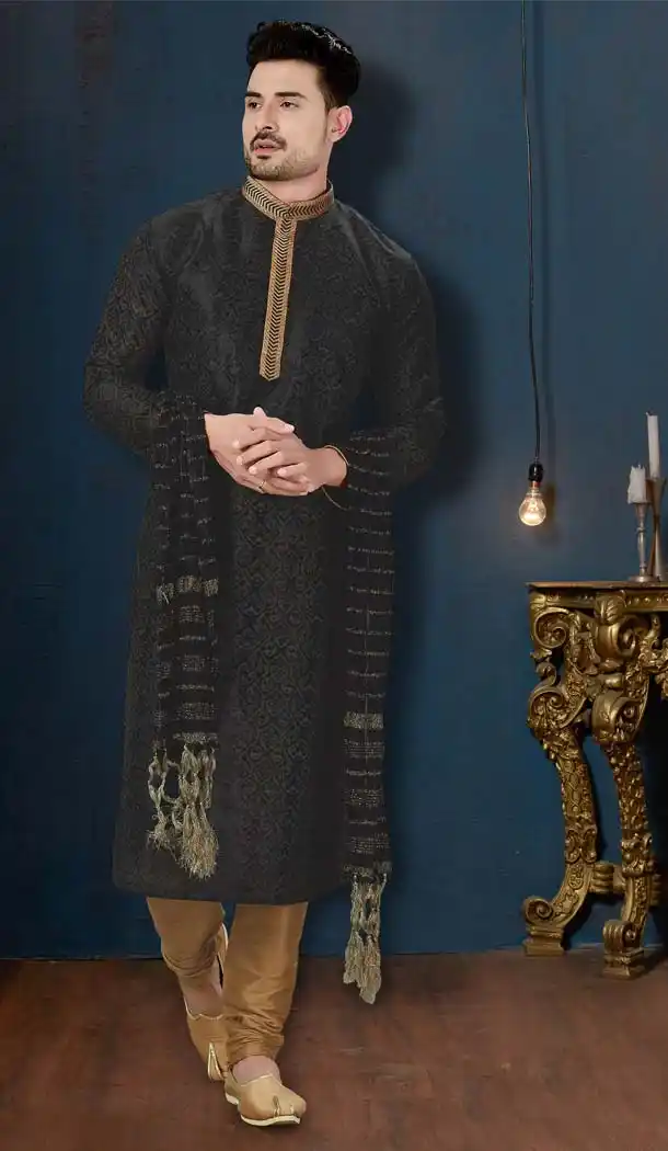 Black Color Dupion Print Plus Size Men Kurta Pajama -594273864