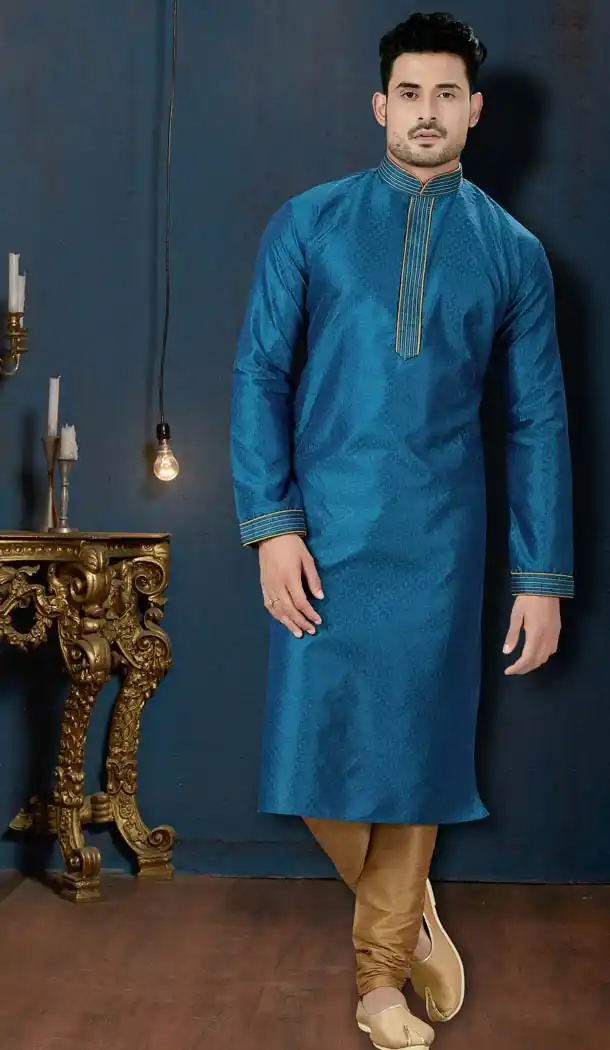 Jacquard Blue Color Plus Size Men Kurta Pajama -594273866