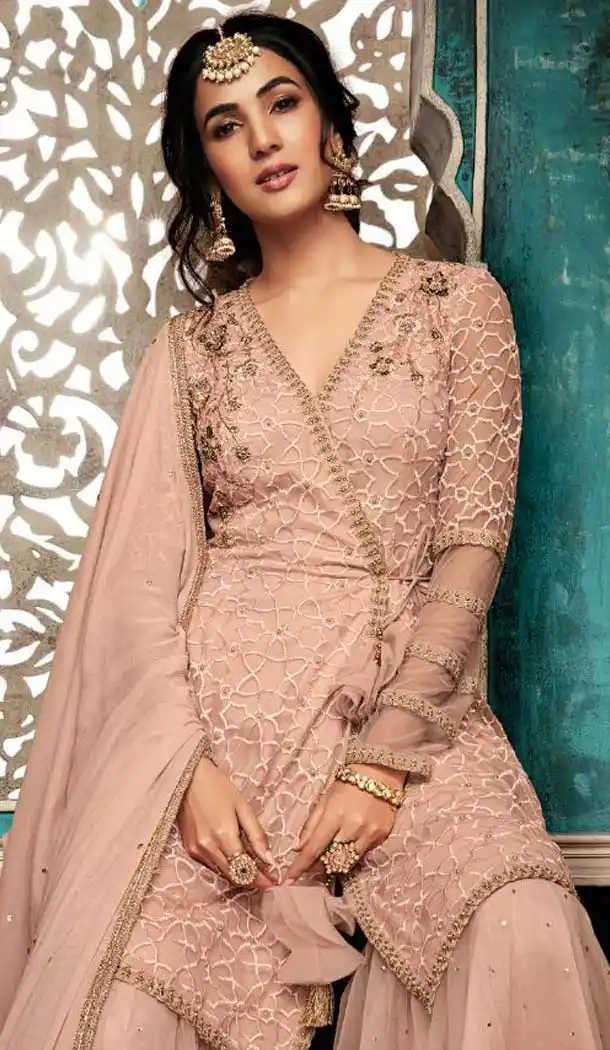 Peach Color Net Designer Party Wear Salwar Suit -595474040