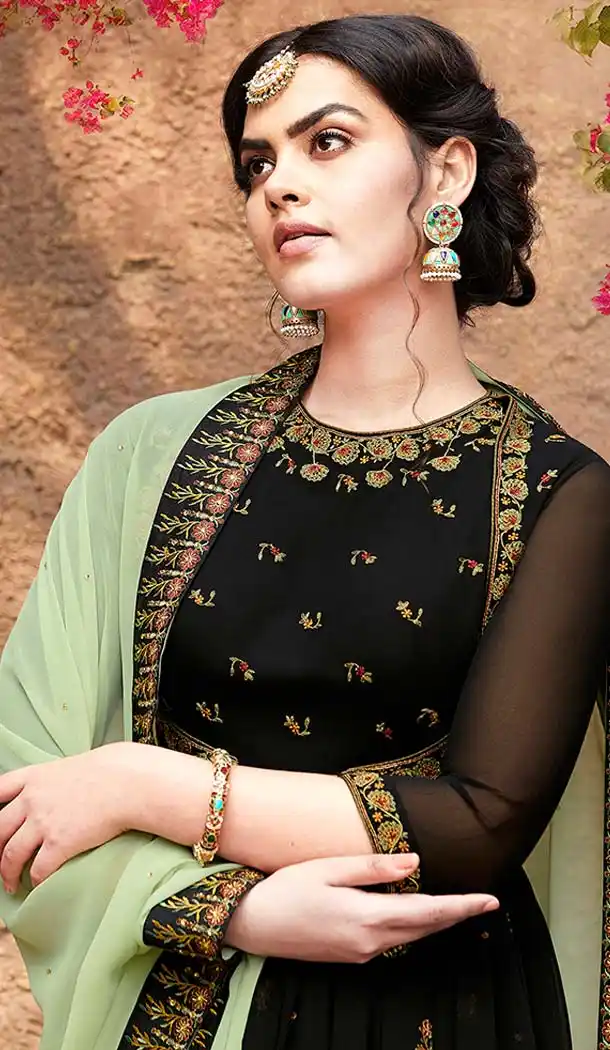 Black Faux Georgette Pakistani Anarkali Churidar Suit -595574045