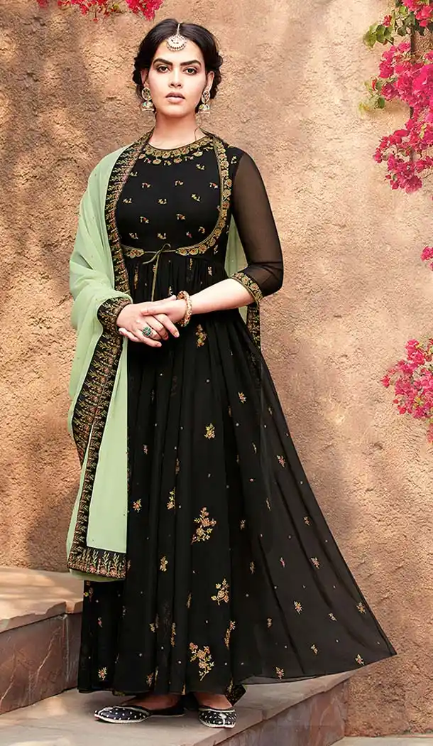 Black Faux Georgette Pakistani Anarkali Churidar Suit -595574045