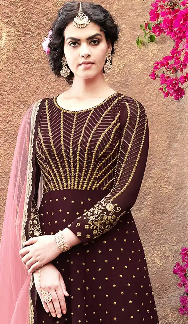 Brown Color Faux Georgette Pakistani Anarkali Churidar Suit -595574048