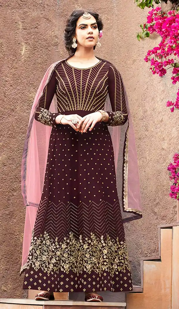 Brown Color Faux Georgette Pakistani Anarkali Churidar Suit -595574048
