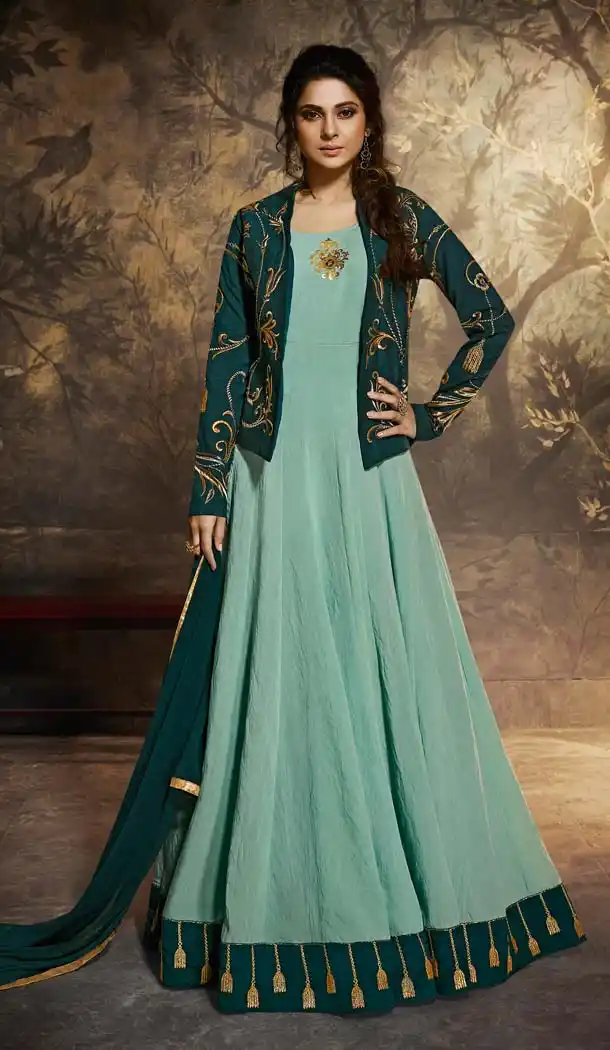 Dark Green Color Silk Pakistani Long Anarkali Suits with Silk Koti -595674050