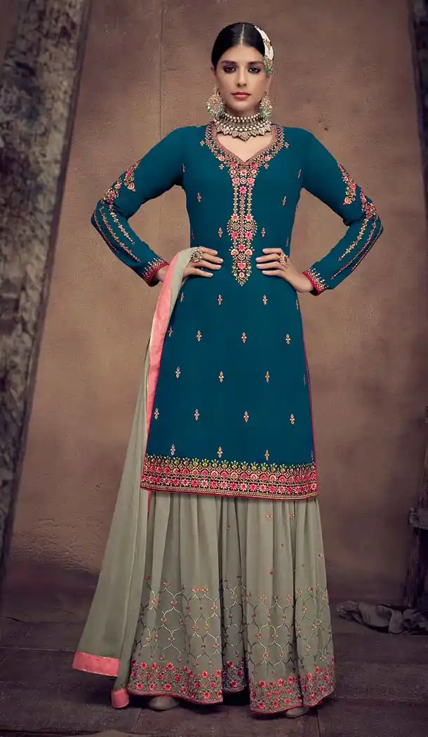 Sea Blue Color Foux Georgette Pakistani Palazzo Suits -595774054